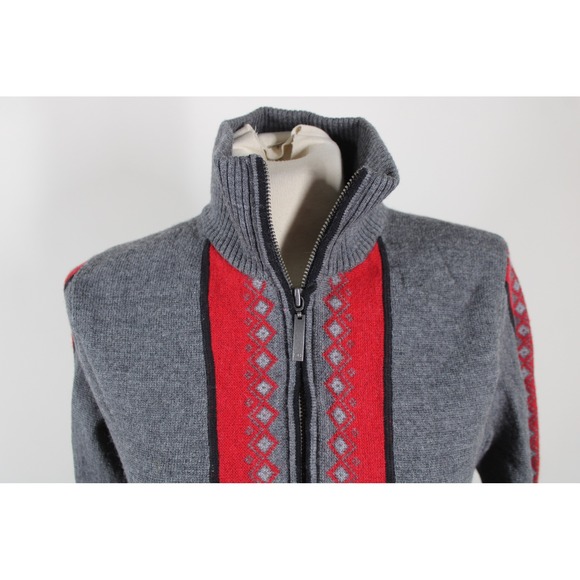 Eddie Bauer M Gray Red 1/4 Zip Merino Wool Fair Isle Mock Neck Sweater - Picture 2 of 9